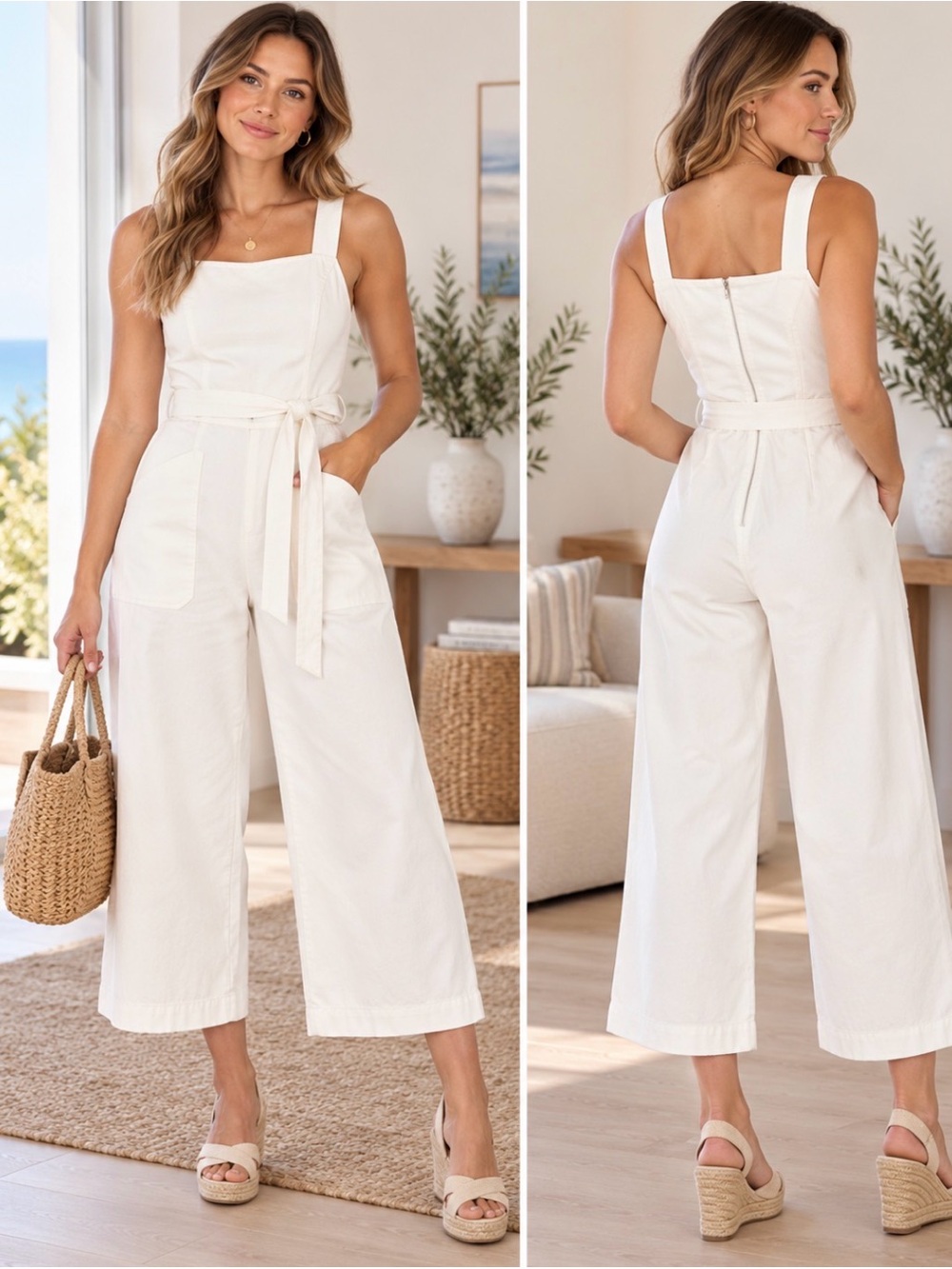Copper Key XS Cream Square-Neck Wide-Leg Jumpsuit with Tie Belt